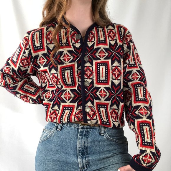 Vintage Norvyk Fair Isle Nordic Knit 100% Pure Wool Oversized Cardigan Sweater - Picture 3 of 15